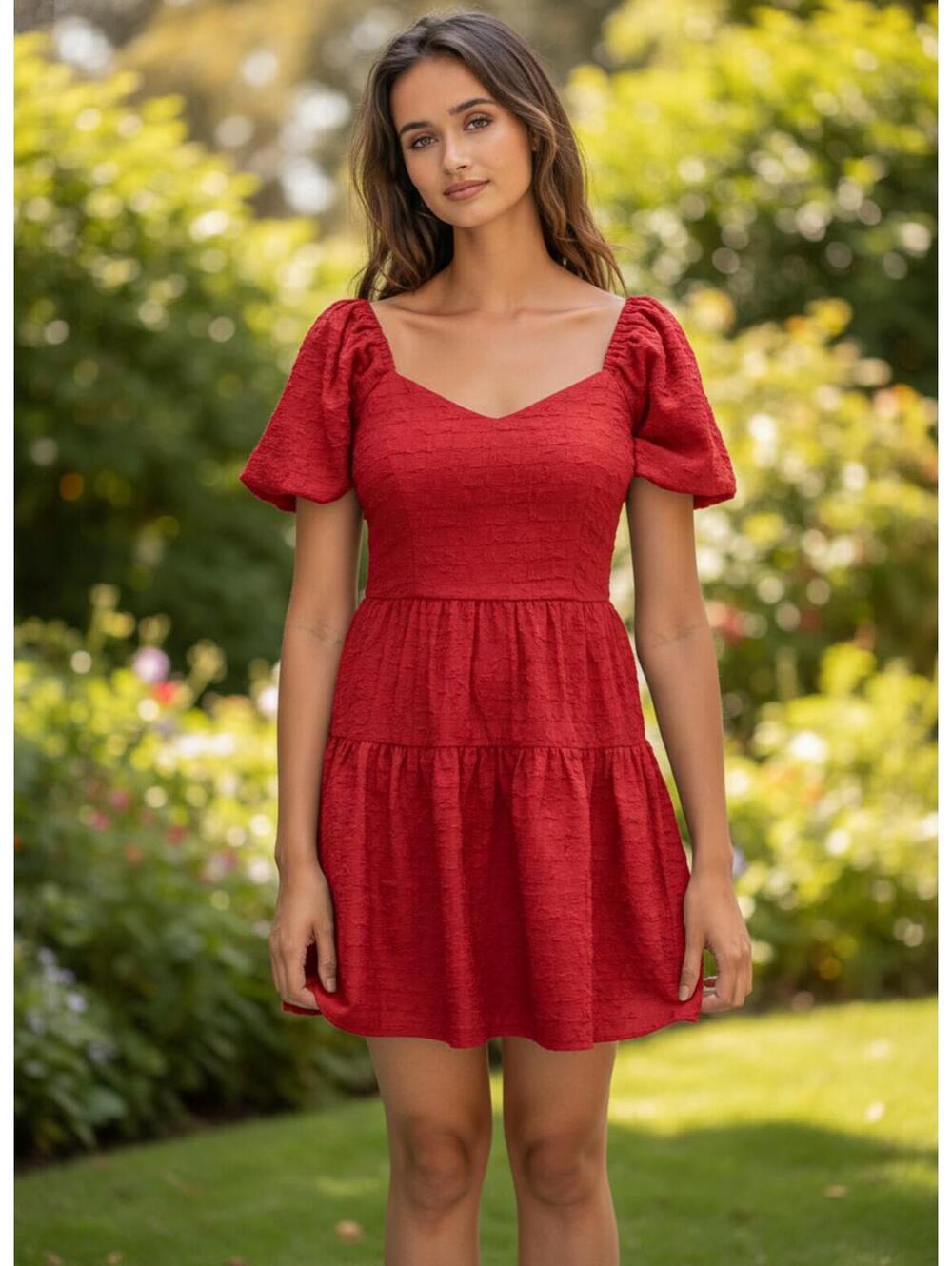 Verte Red Textured Puff Sleeve Tiered Mini Dress